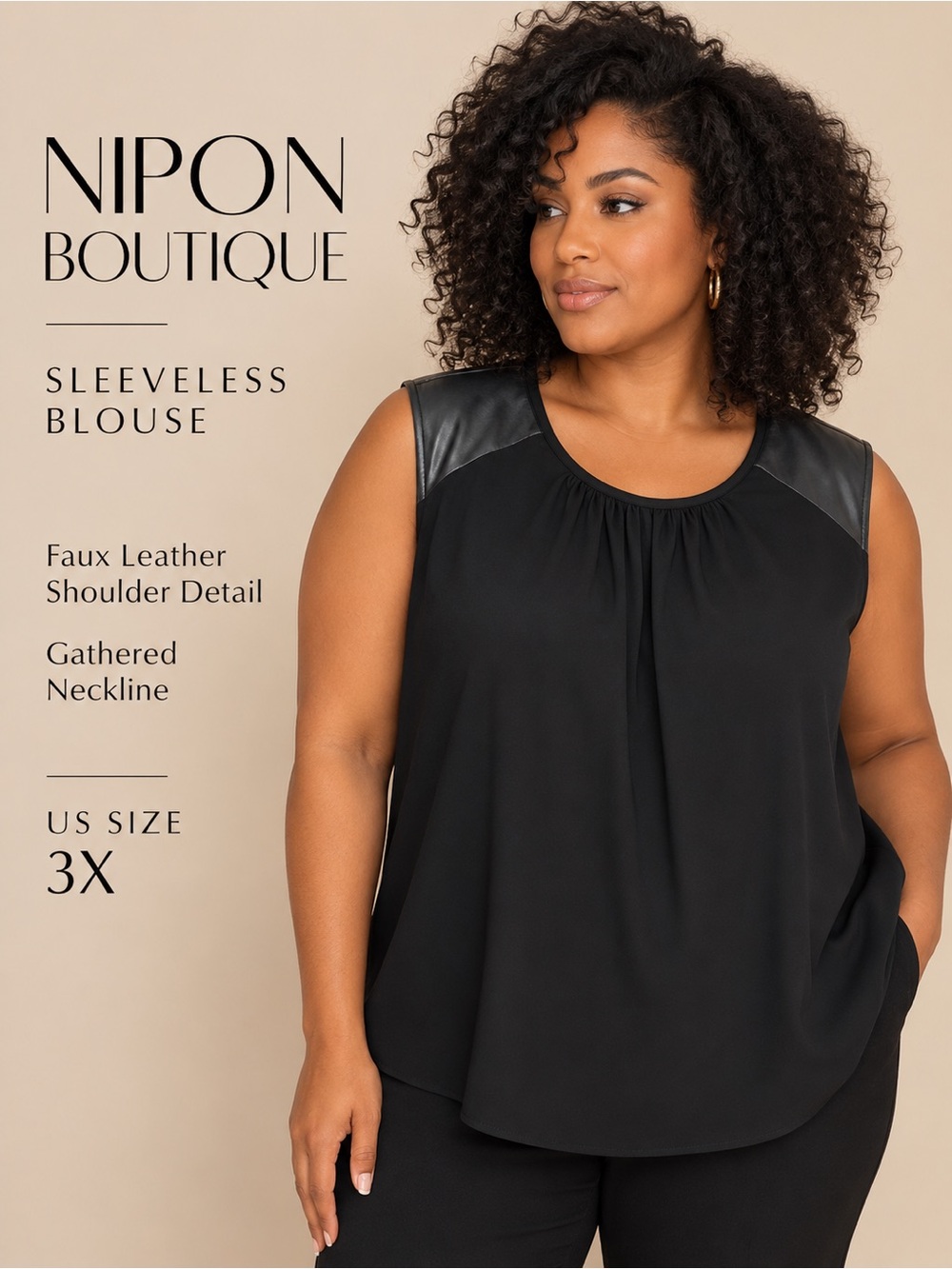Nipon Boutique Black Faux Leather Shoulder Sleeveless Blouse Plus 3X NWT